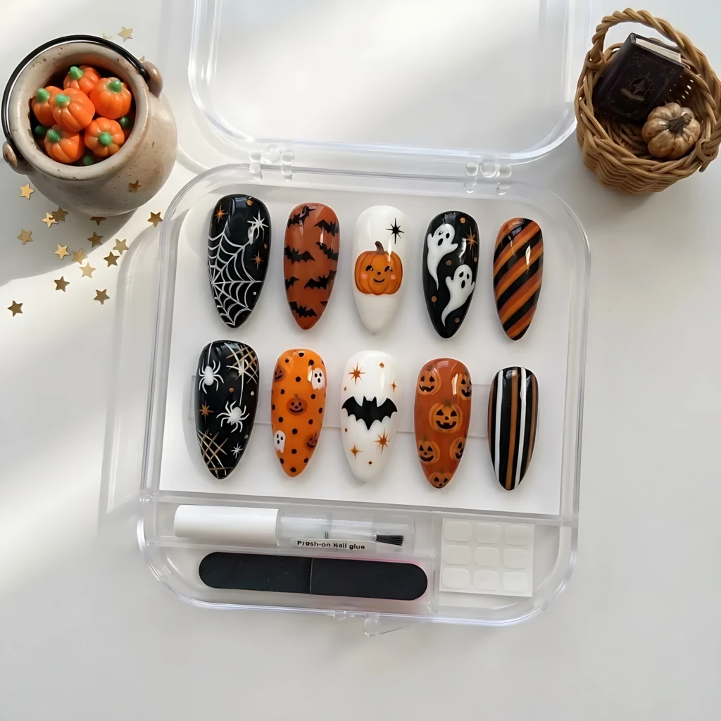 Black Orange White Hand Painted Pumpkin Ghost Bat Art, Halloween Press On Nails, Spooky Season Wear
