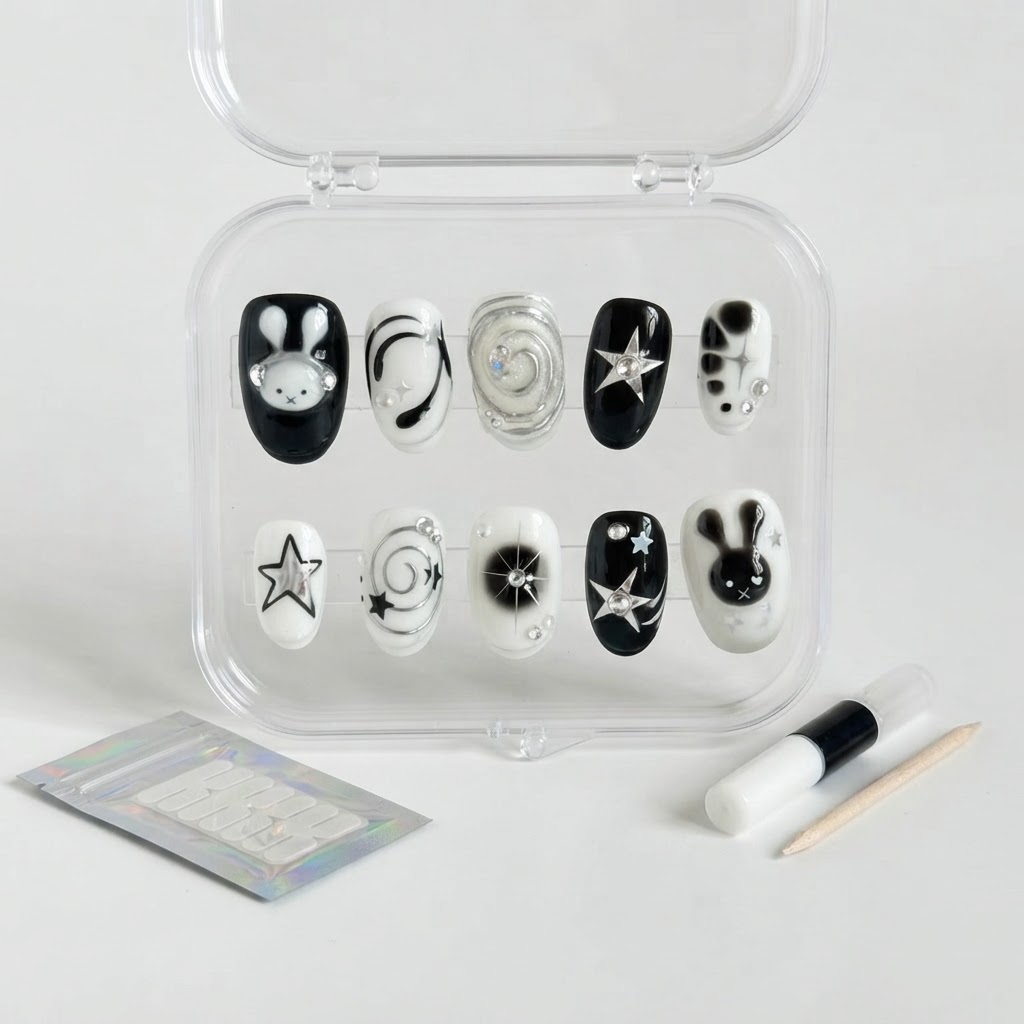 Black And White Audio Bunny Star, Handpainted Press On Nails, Daily Wear