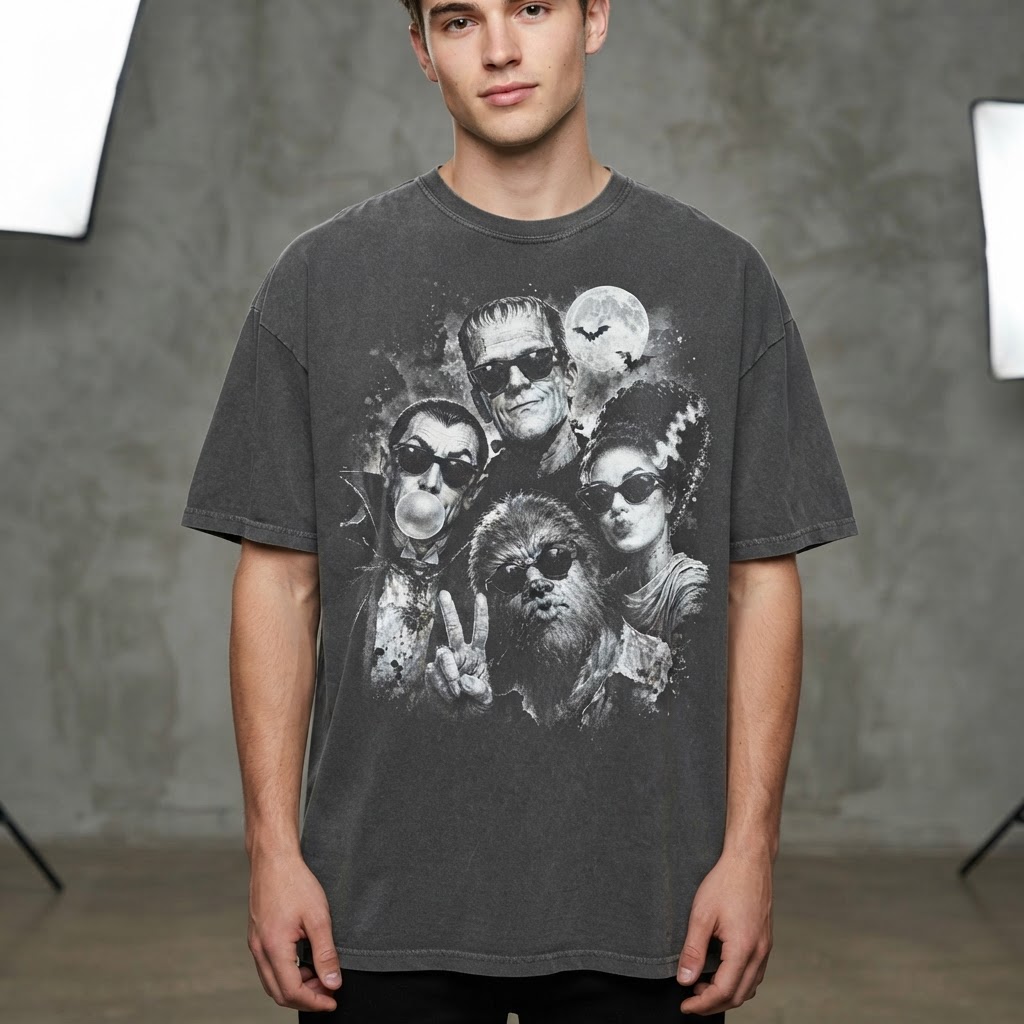 Retro Halloween Monster Selfie Halftone Print, Comfort Shirt, Spooky Tee