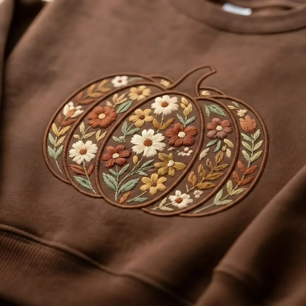 Floral Pumpkin Embroidered Boho Wildflower Artwork, Sweatshirt, Fall Vibes Brown Women Fashion