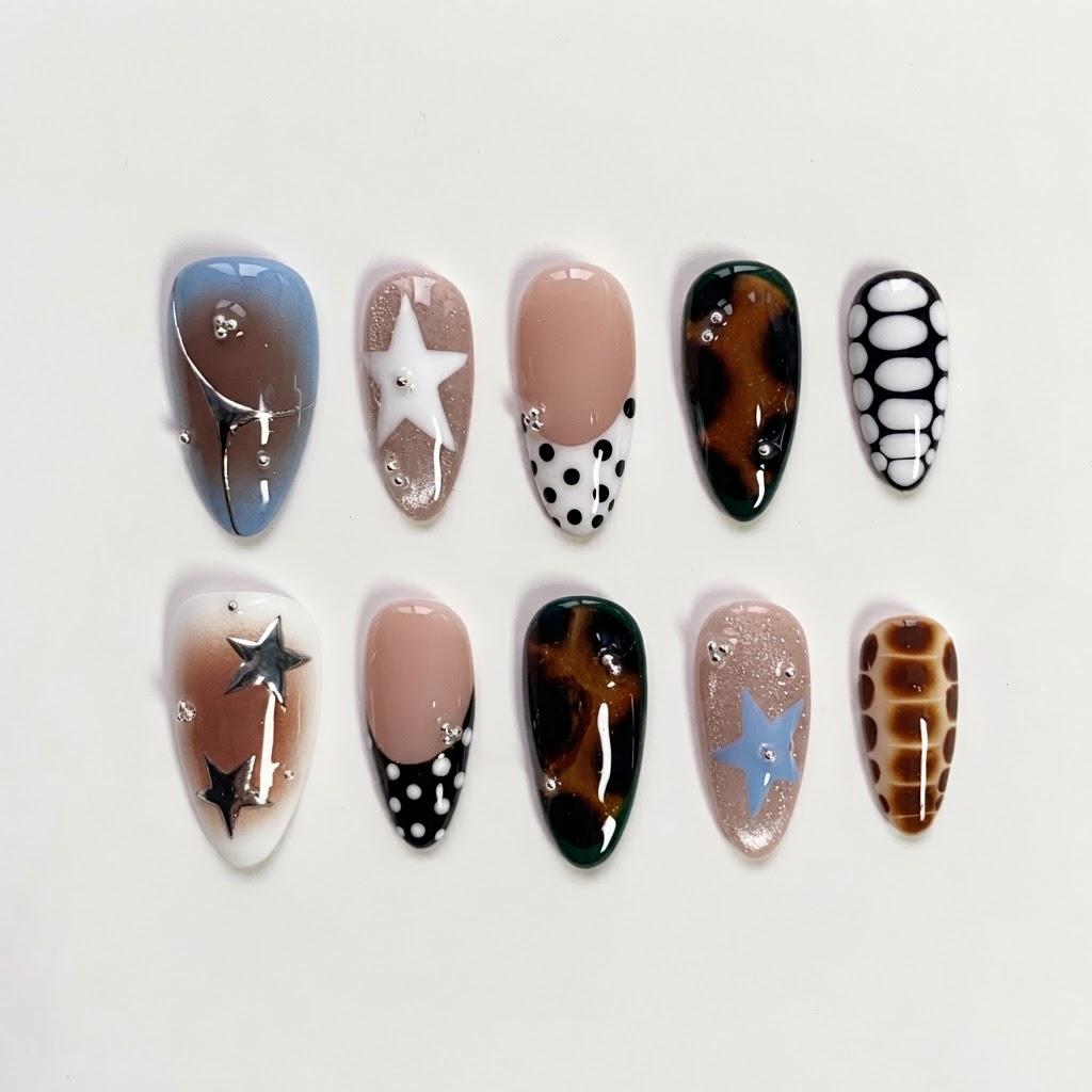Brown Tortoise Star Polka Dot, Long Almond Press On Nails, Y2K Birthday Gift