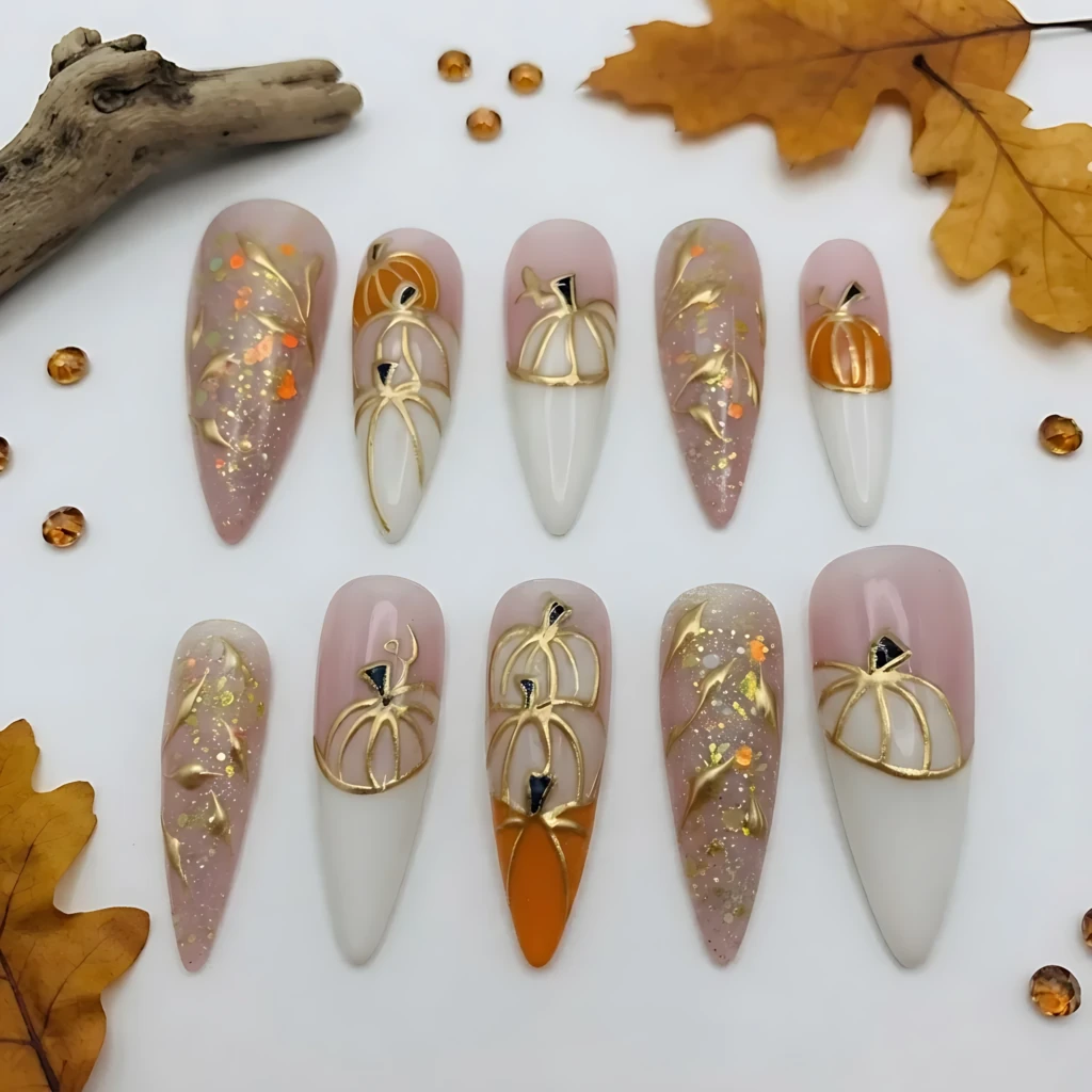 Orange Autumn Pumpkin Glitter Press On Nails, Long Stiletto False Nails, Halloween Fall Manicure