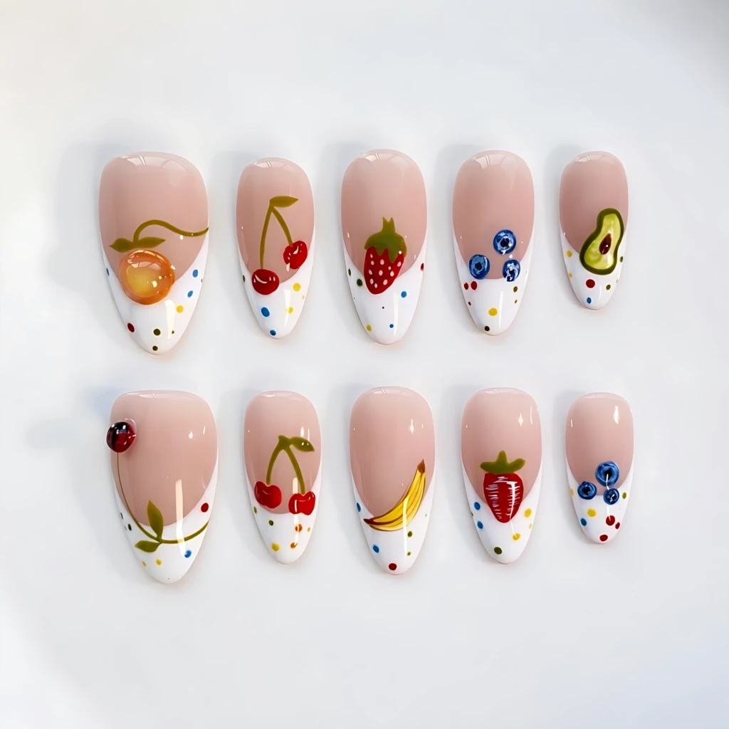 White French Summer Fruit Nail Art, Long Almond Press On Nails, Cute Summer Holiday Gift For Her