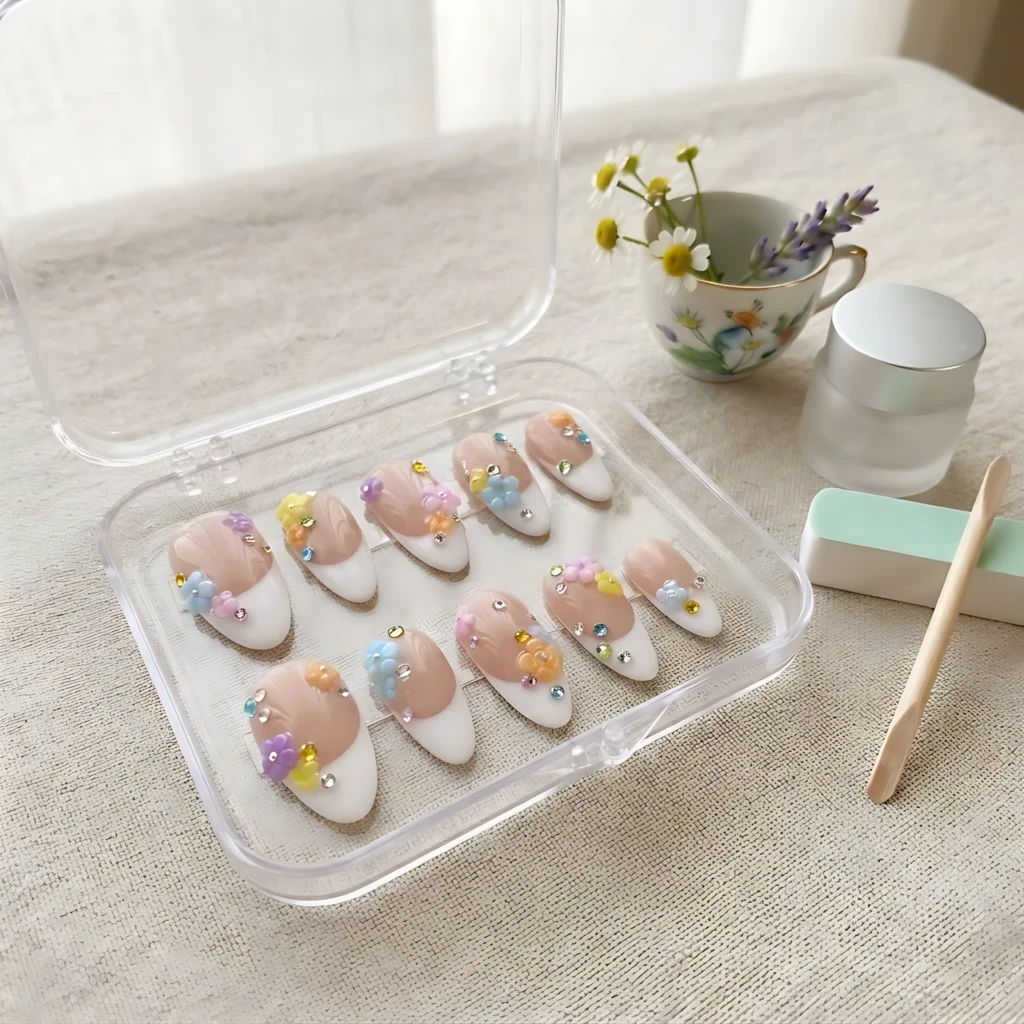 White French Tip 3D Floral Press On Nails, Long Almond Reusable Fake Nails, Cute Daily Summer Nails