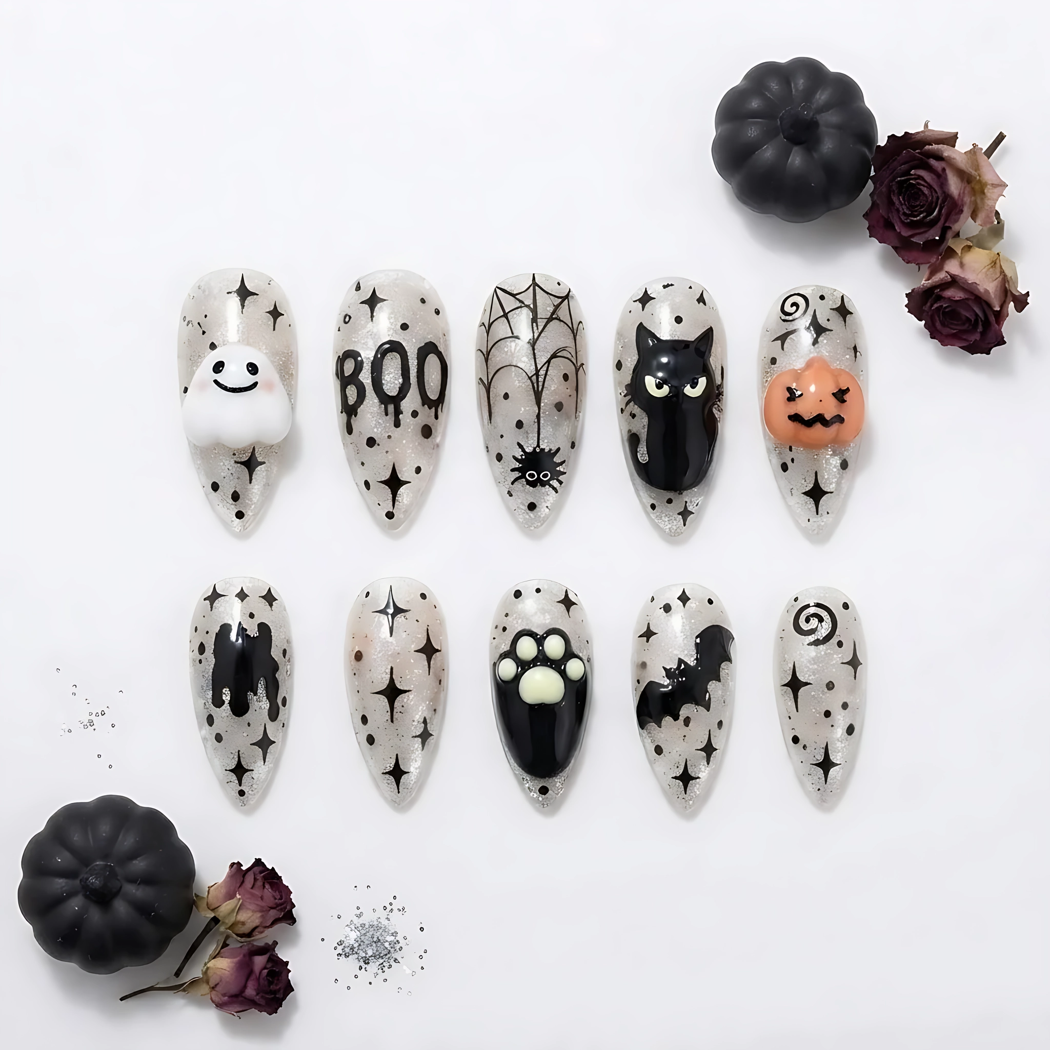 Sparkling Silver Halloween Ghost Spiderweb Art, Gothic Press On Nails, Halloween Party Manicure