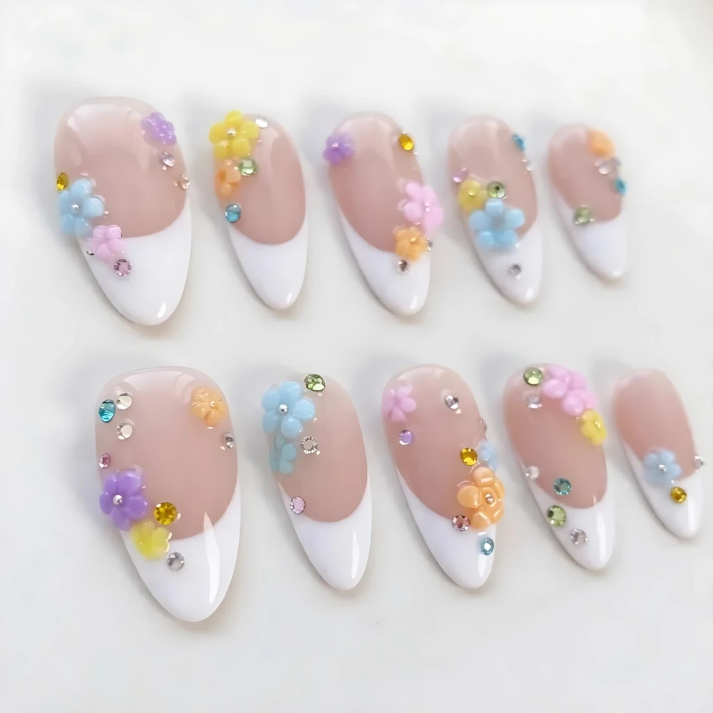 White French Tip 3D Floral Press On Nails, Long Almond Reusable Fake Nails, Cute Daily Summer Nails
