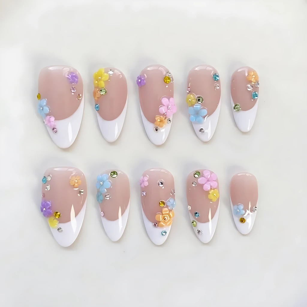 White French Tip 3D Floral Press On Nails, Long Almond Reusable Fake Nails, Cute Daily Summer Nails