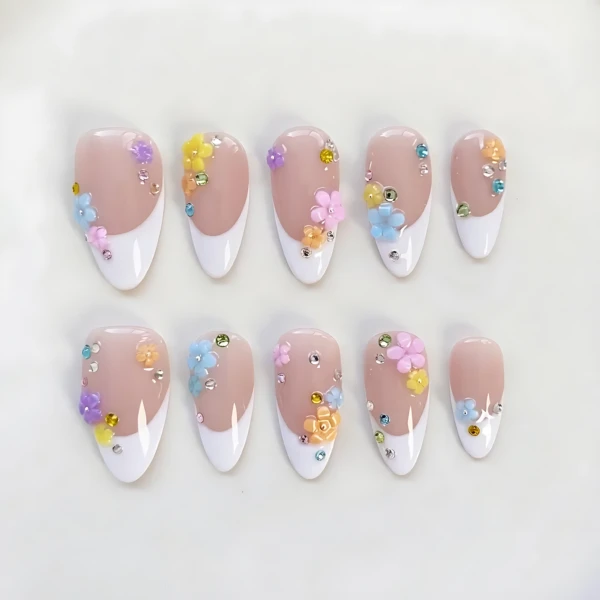 White French Tip 3D Floral Press On Nails, Long Almond Reusable Fake Nails, Cute Daily Summer Nails