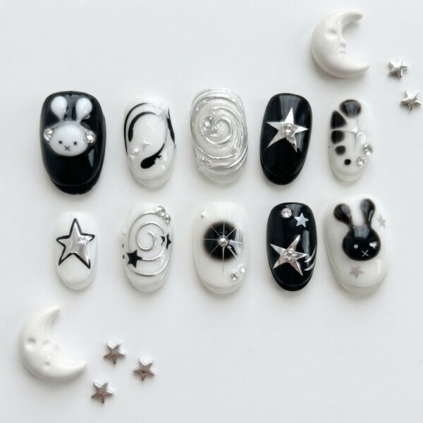 Black And White Audio Bunny Star, Handpainted Press On Nails, Daily Wear
