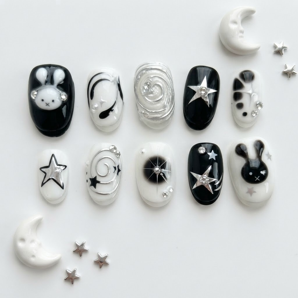 Black And White Audio Bunny Star, Handpainted Press On Nails, Daily Wear