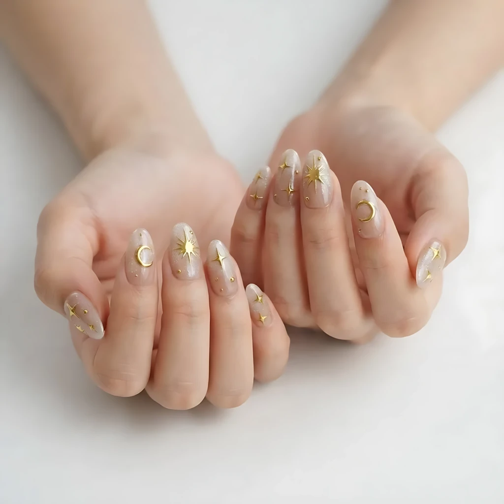 Nude Shimmer Gold Sun Moon Star Cat Eye Nails, Long Almond Style, Elegant Daily Birthday Gift Set