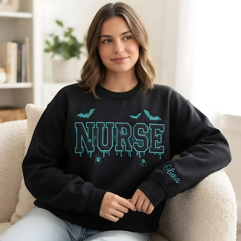 Nurse Applique Embroidered Dripping Varsity Font, Crewneck Sweatshirt, Halloween Black RN Gift