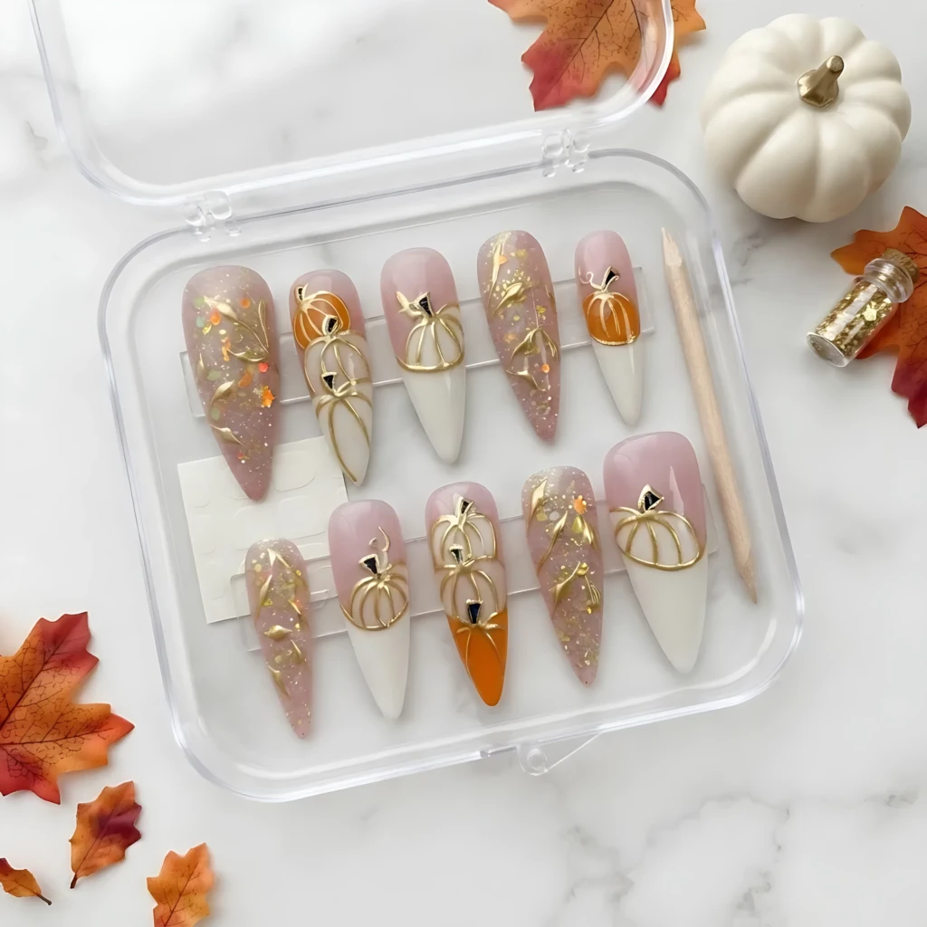 Orange Autumn Pumpkin Glitter Press On Nails, Long Stiletto False Nails, Halloween Fall Manicure