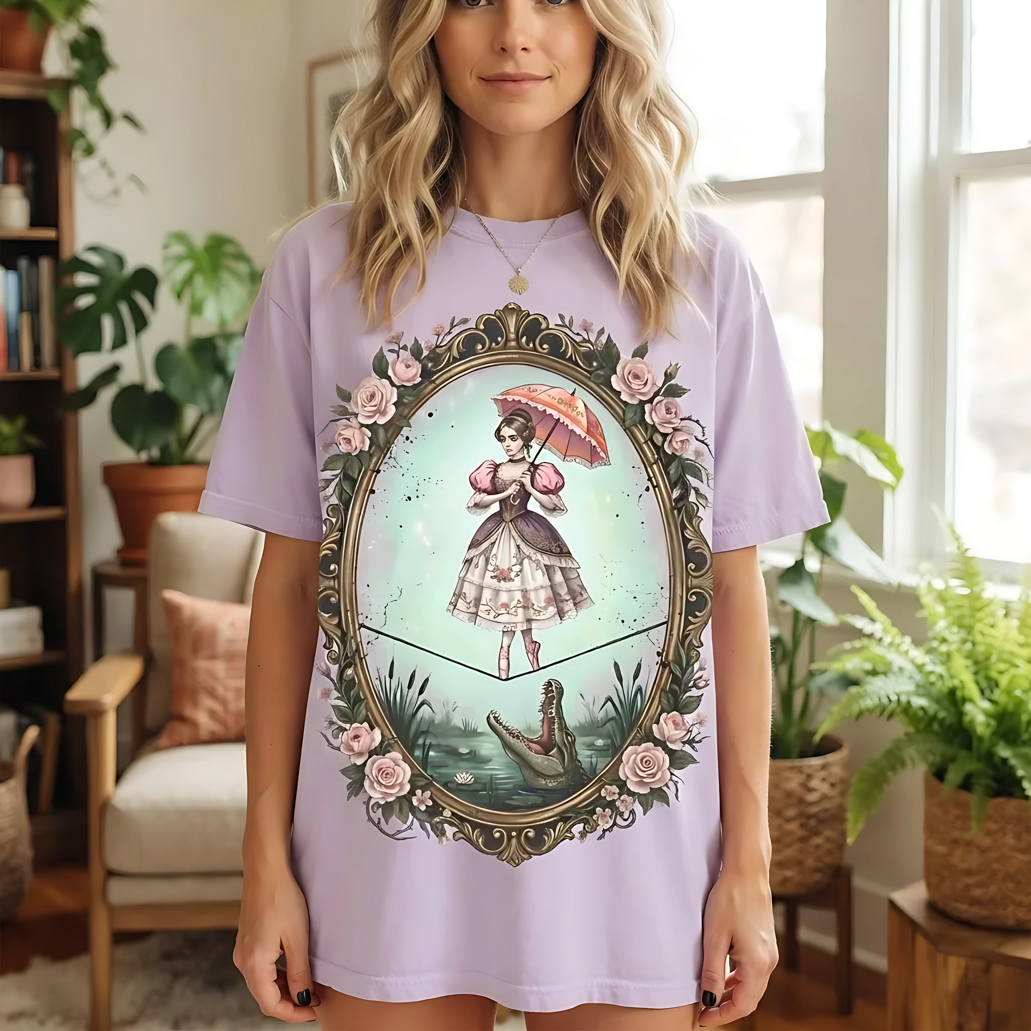 Haunted Mansion Tightrope Girl Graphic Print Rose Frame, Vintage Tee, Halloween Trip Black Goth Tee