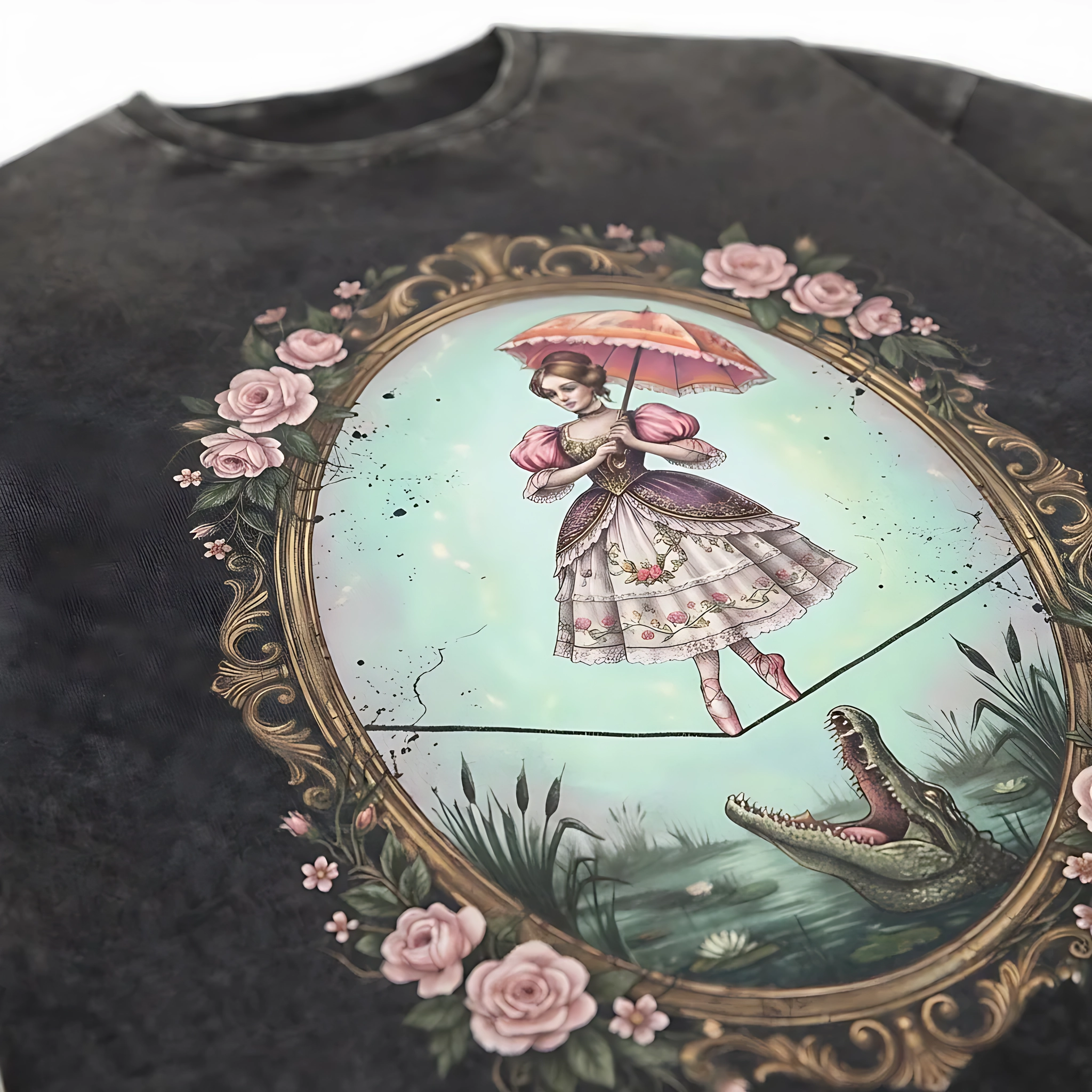 Haunted Mansion Tightrope Girl Graphic Print Rose Frame, Vintage Tee, Halloween Trip Black Goth Tee