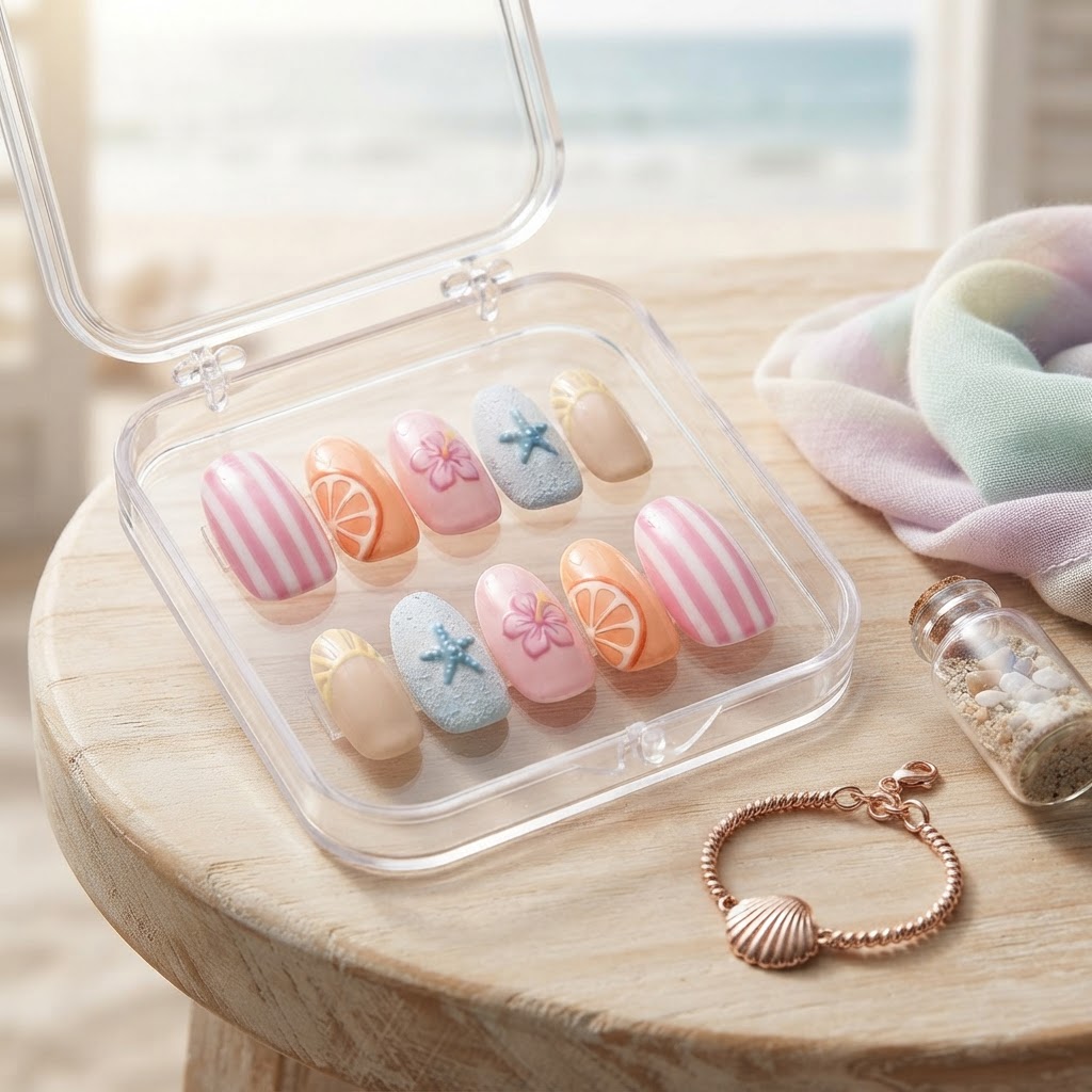 Pastel Pink Orange Fruit Slice Starfish Design, Press On Nails, Summer Beach Vacation Outfit