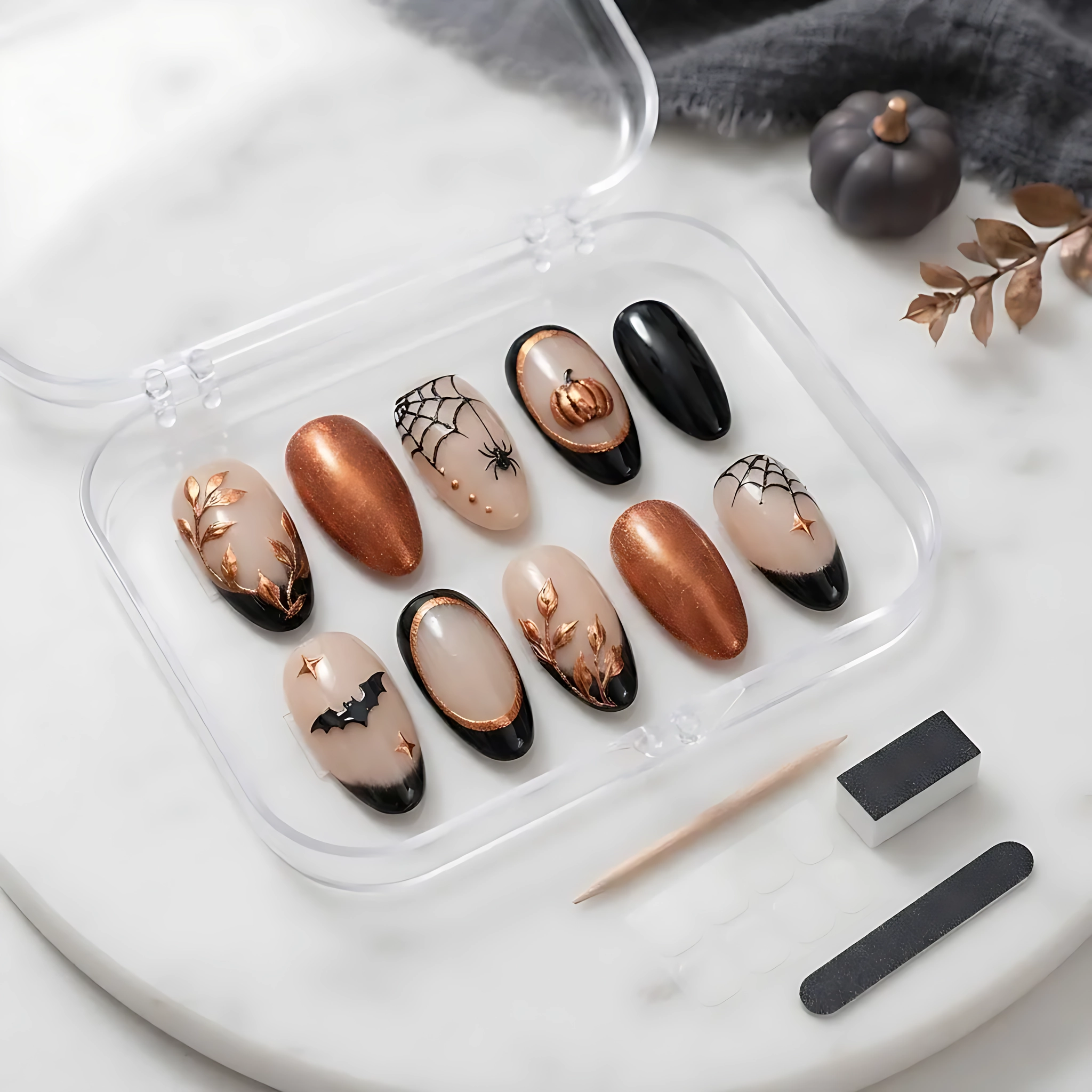 Black Copper Pumpkin Spider Web Bat Art, Handcrafted Press On Nails, Cute Spooky Halloween Set