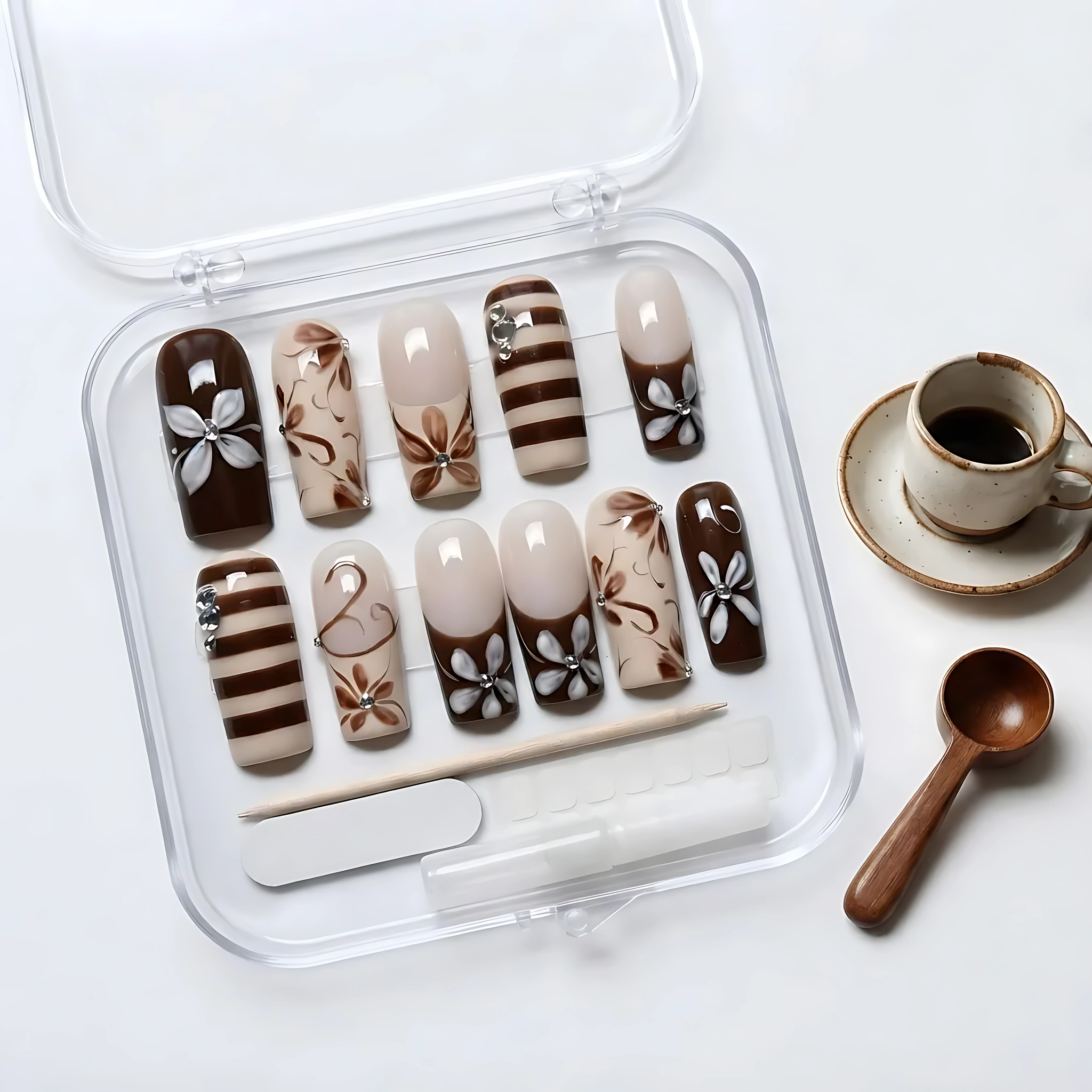 Espresso Brown Cream 3D Floral Striped Rhinestones, Handmade Press-On Nails, Luxury Gift Set