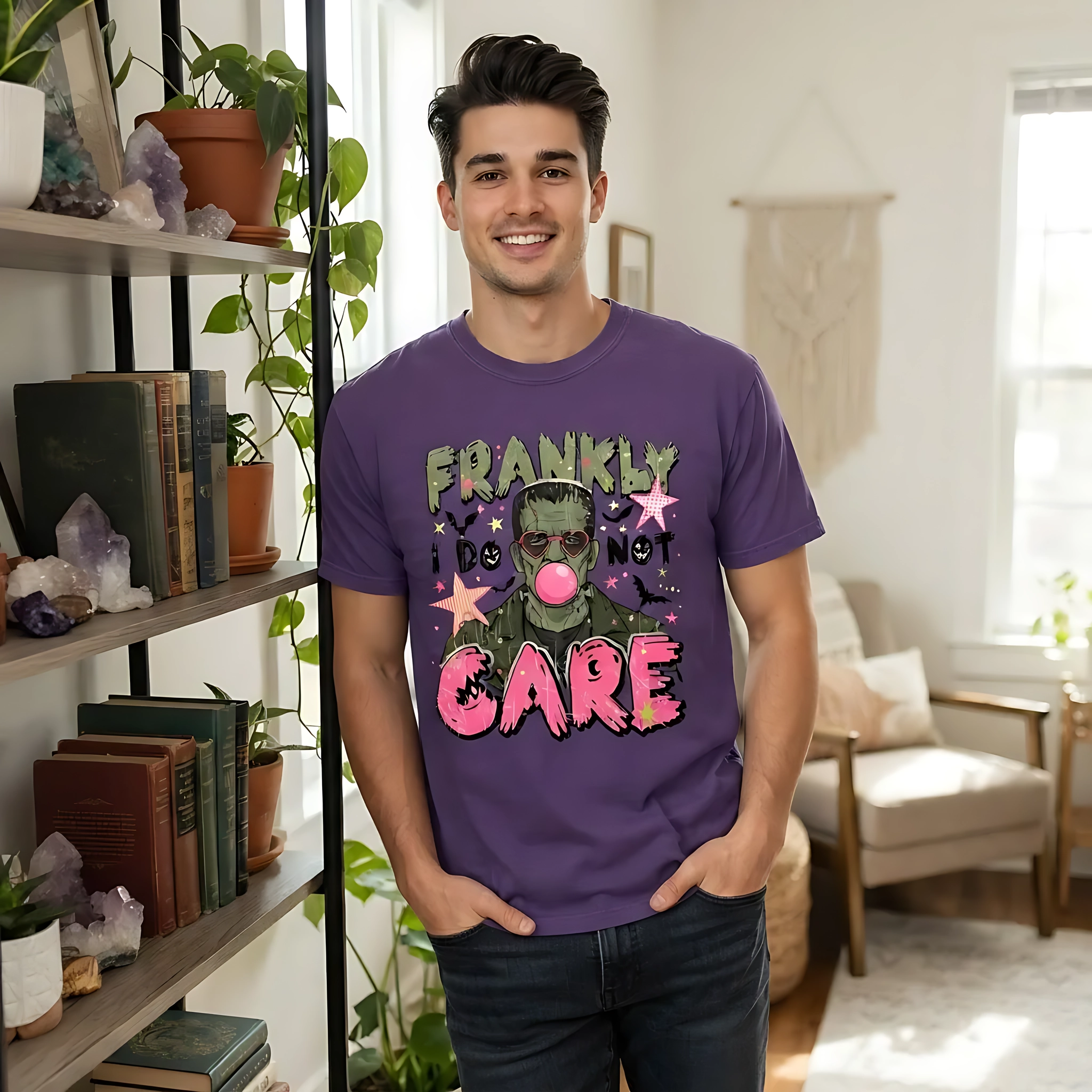 Frankly I Do Not Care Graphic Frankenstein Bubblegum, Comfort Colors Tee, Spooky Gift Violet Horror