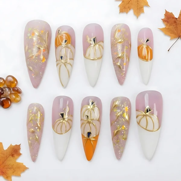Orange Autumn Pumpkin Glitter Press On Nails, Long Stiletto False Nails, Halloween Fall Manicure