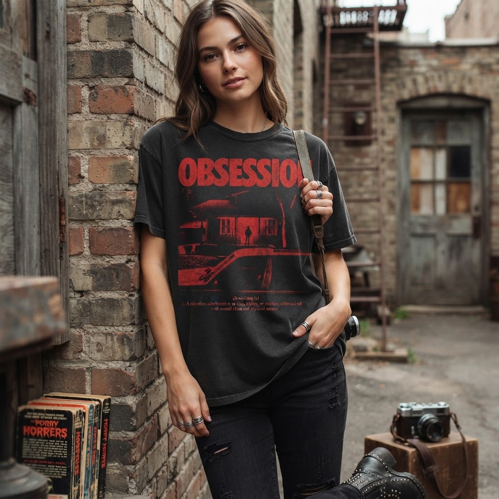 Obsession Red House Graphic Vintage Tee, Gothic Horror Shirt, Black Goth Gift