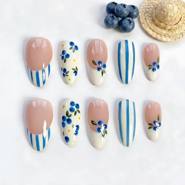 Blueberry Hand-Painted Blue Striped French Tip, Long Almond Press On Nails, Summer Vacation Set