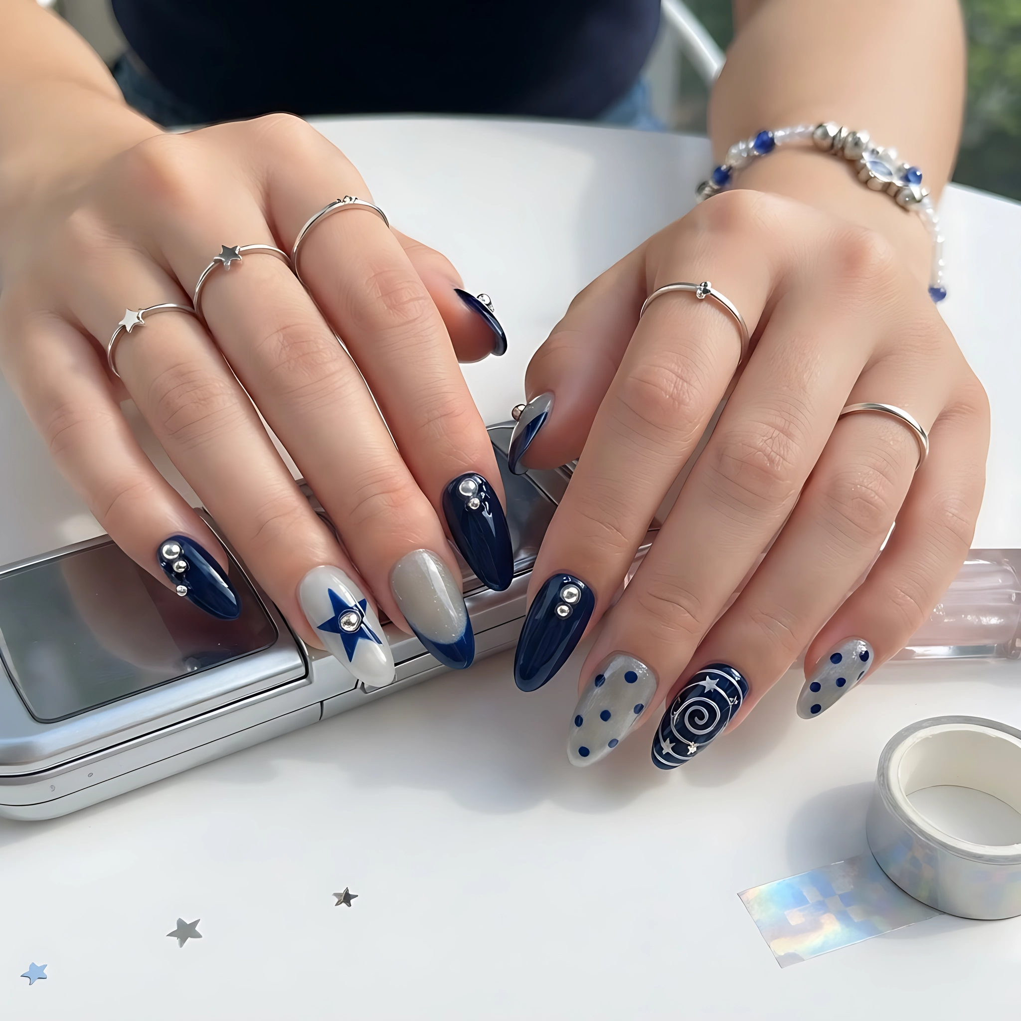 Blue And Silver Star Cat Eye, Long Almond Press On Nails, Y2K Kawaii Manicure Set