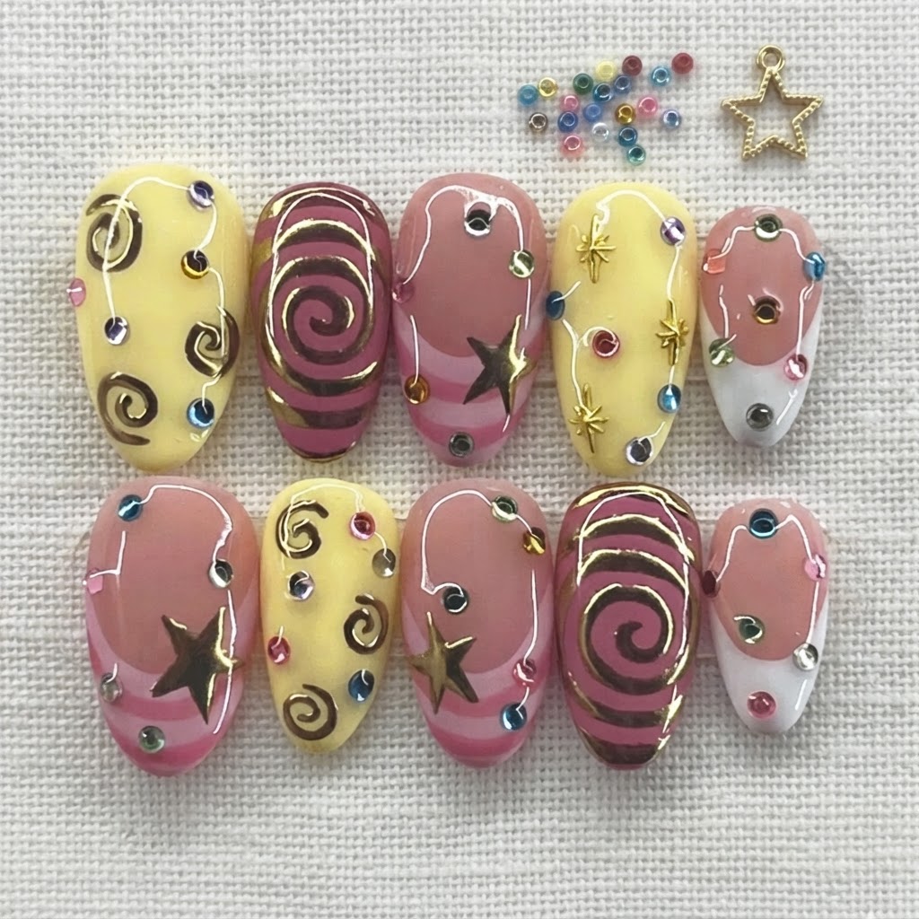 Pink Yellow Gold Chrome Swirl Celestial Stars, Y2K Press On Nails, For Daily Wear