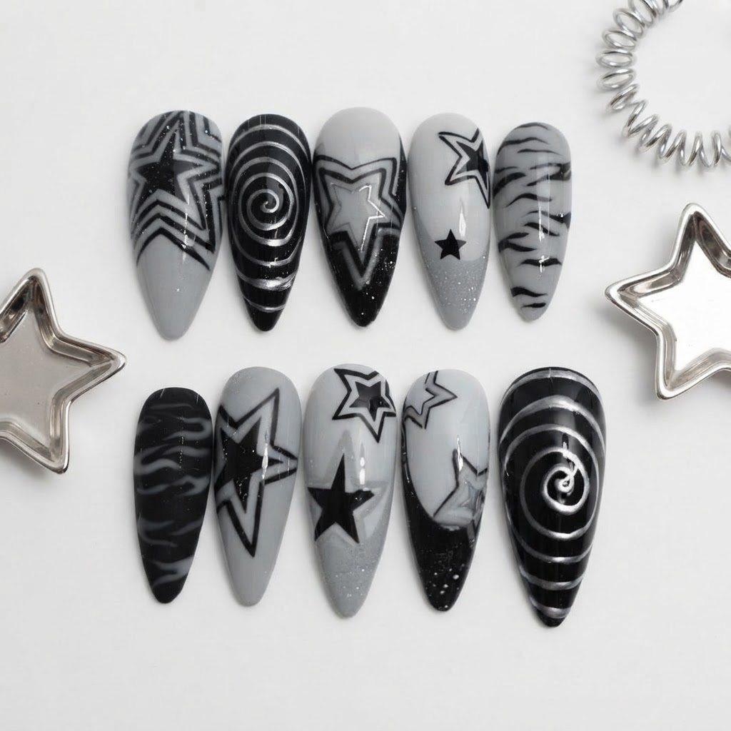 Black And Grey Y2K Star Swirl Art, Stiletto Press On Nails, For Party Wear