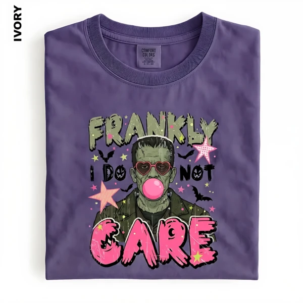 Frankly I Do Not Care Graphic Frankenstein Bubblegum, Comfort Colors Tee, Spooky Gift Violet Horror