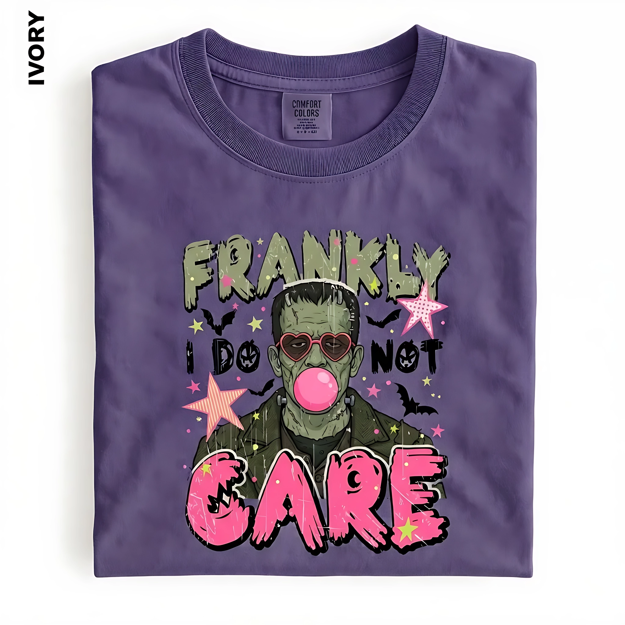 Frankly I Do Not Care Graphic Frankenstein Bubblegum, Comfort Colors Tee, Spooky Gift Violet Horror