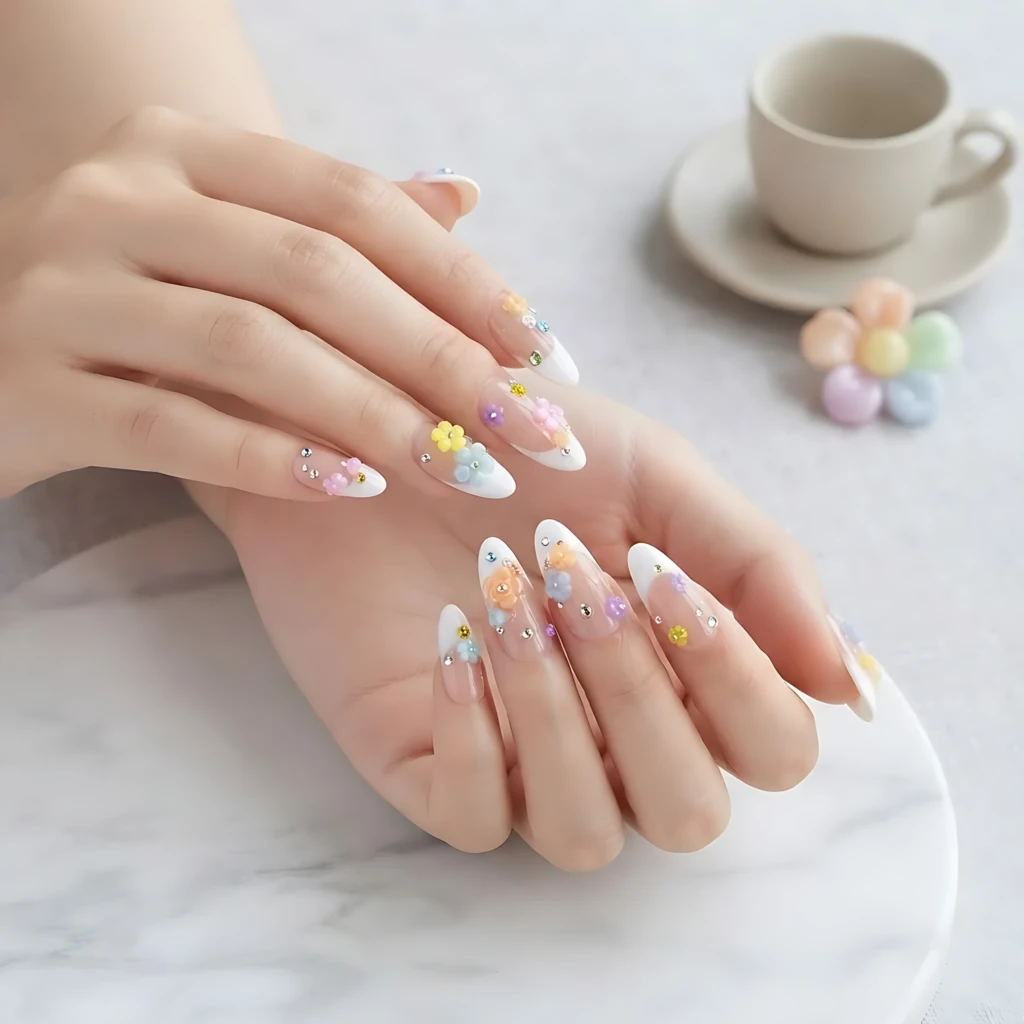 White French Tip 3D Floral Press On Nails, Long Almond Reusable Fake Nails, Cute Daily Summer Nails