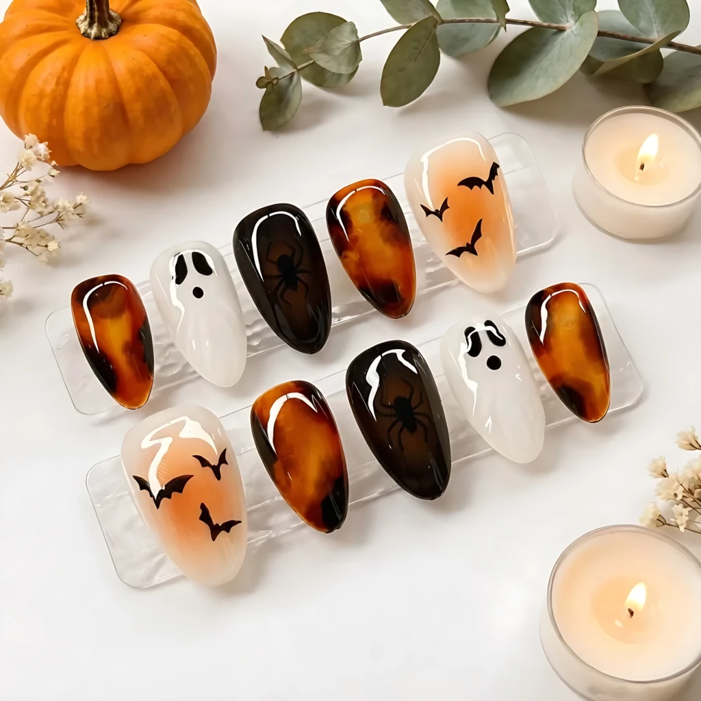 Amber Tortoise Shell Halloween Ghost Bat Spider Art, Almond Press On Nails, Spooky Season Manicure