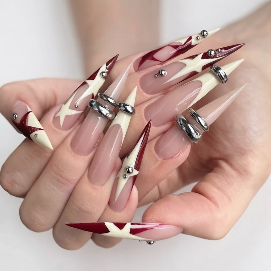 Burgundy Star Chrome Ring Design, Long Stiletto Press On Nails, For Y2K Parties