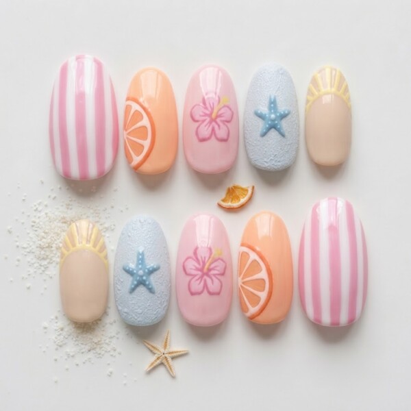 Pastel Pink Orange Fruit Slice Starfish Design, Press On Nails, Summer Beach Vacation Outfit