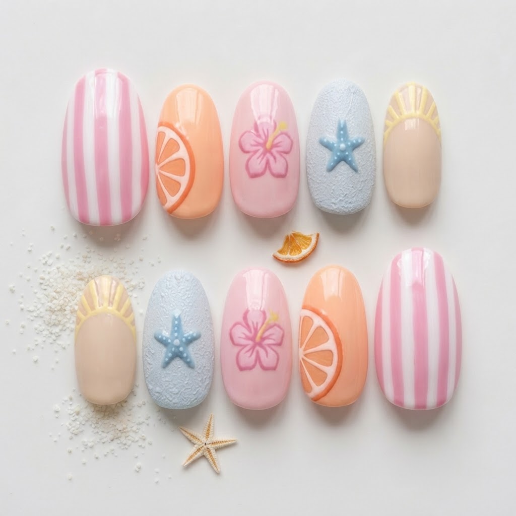 Pastel Pink Orange Fruit Slice Starfish Design, Press On Nails, Summer Beach Vacation Outfit