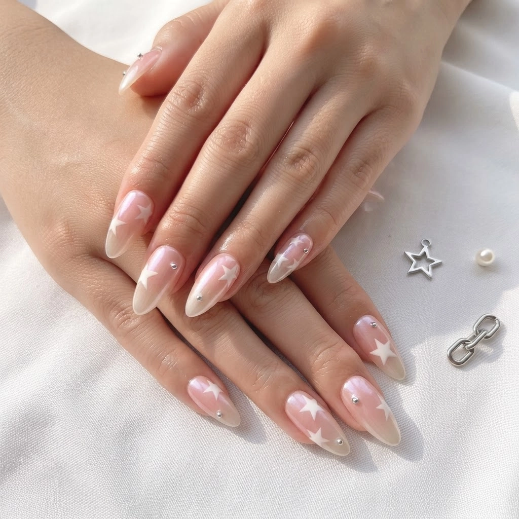 Pearlescent Pink White Star Aura, Almond Press On Nails, Everyday Wear