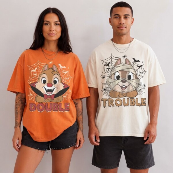 Double Trouble Chip And Dale Printed Graphic Tee, T-Shirt, Halloween Shirt