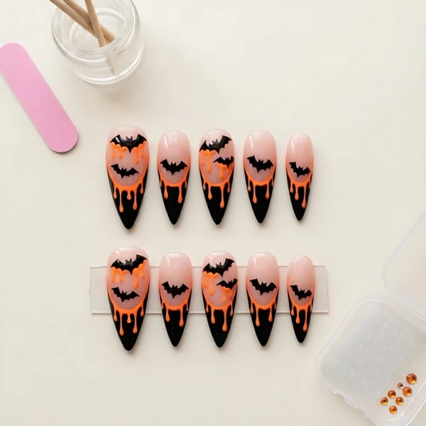 Black and Orange Bat Silhouette with Drip Accents, Gothic Press On Nails, Spooky Season Fashion