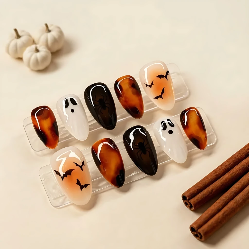 Amber Tortoise Shell Halloween Ghost Bat Spider Art, Almond Press On Nails, Spooky Season Manicure