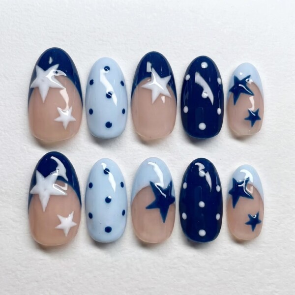 Blue Hand-Painted Star Press On Nails, Y2K Oval Style, Daily Wear Party Set