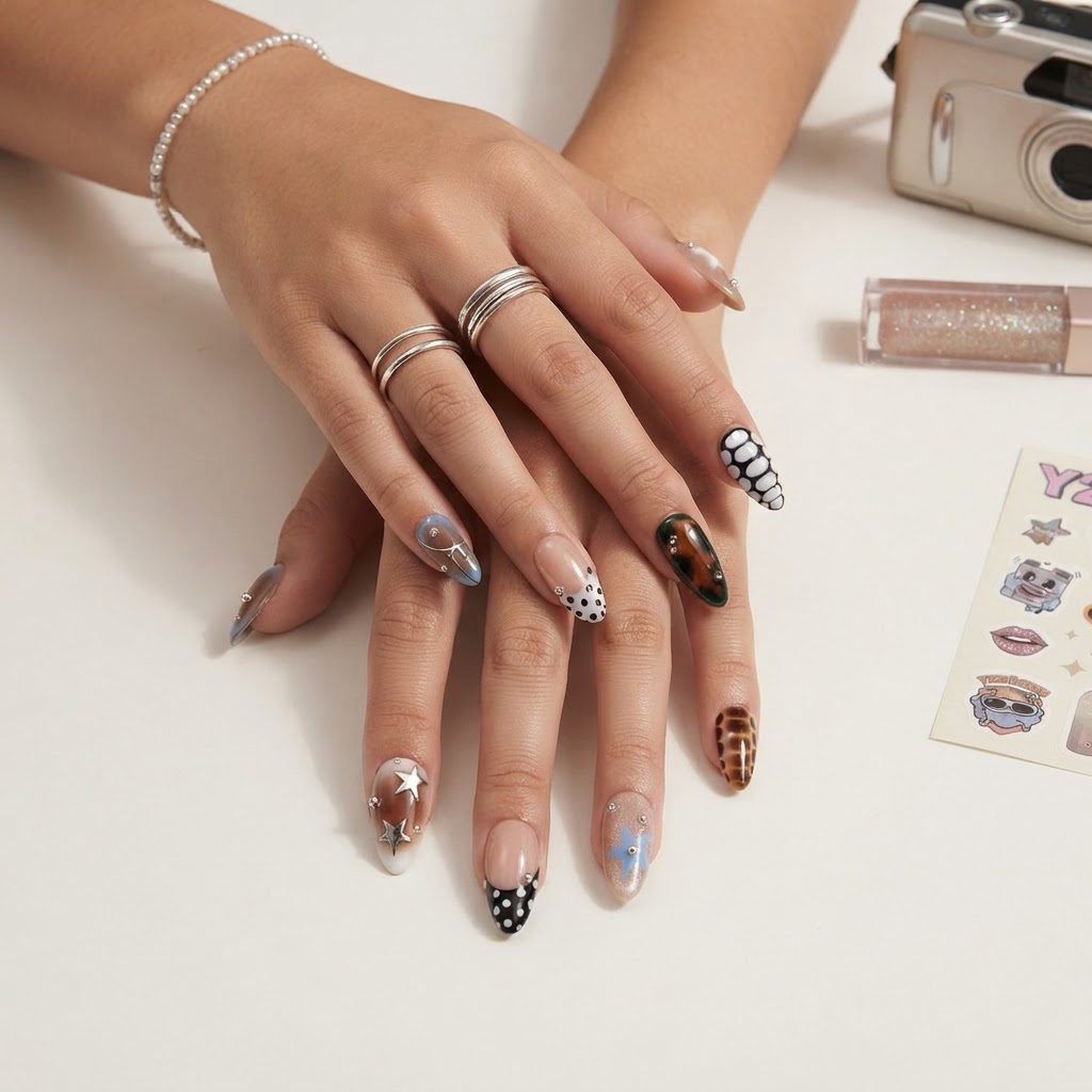 Brown Tortoise Star Polka Dot, Long Almond Press On Nails, Y2K Birthday Gift