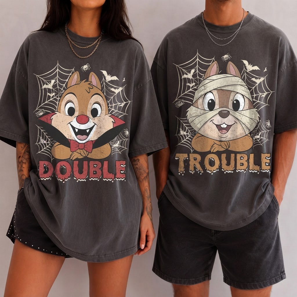 Double Trouble Chip And Dale Printed Graphic Tee, T-Shirt, Halloween Shirt
