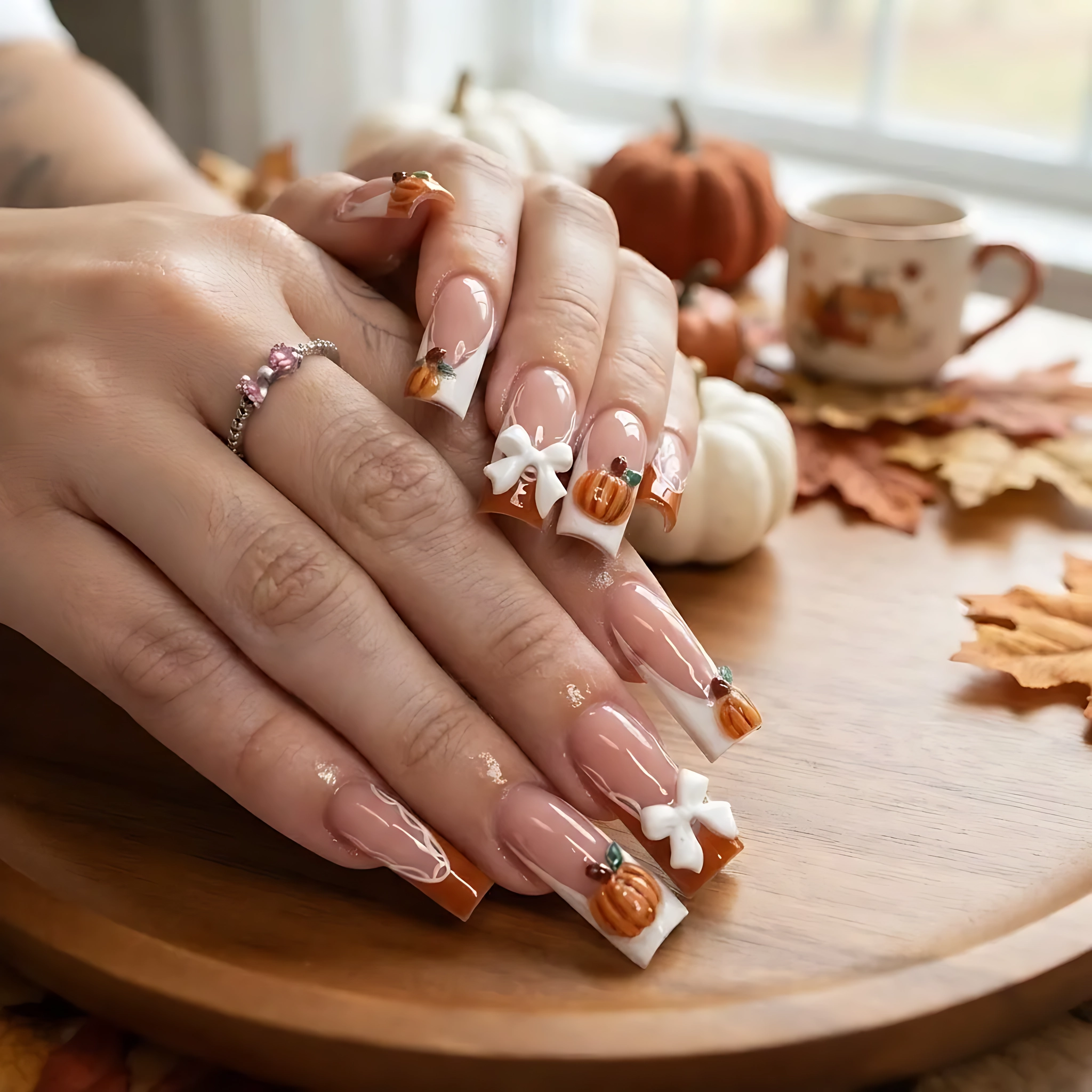Burnt Orange And White 3D Pumpkin Bow French Tip, Handmade Press On Nails, Fall Halloween Manicure