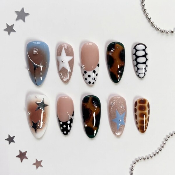 Brown Tortoise Star Polka Dot, Long Almond Press On Nails, Y2K Birthday Gift