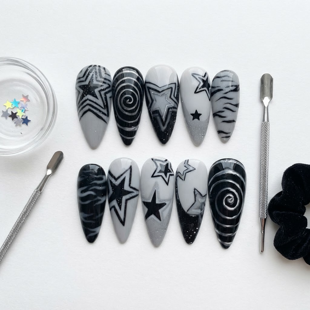 Black And Grey Y2K Star Swirl Art, Stiletto Press On Nails, For Party Wear