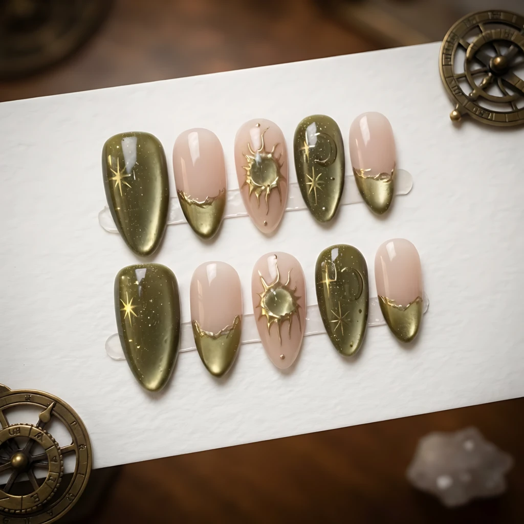 Olive Green Fairy Galaxy Sun Stars 3D Chrome Nails, Almond Press On Set, Celestial Manicure Set