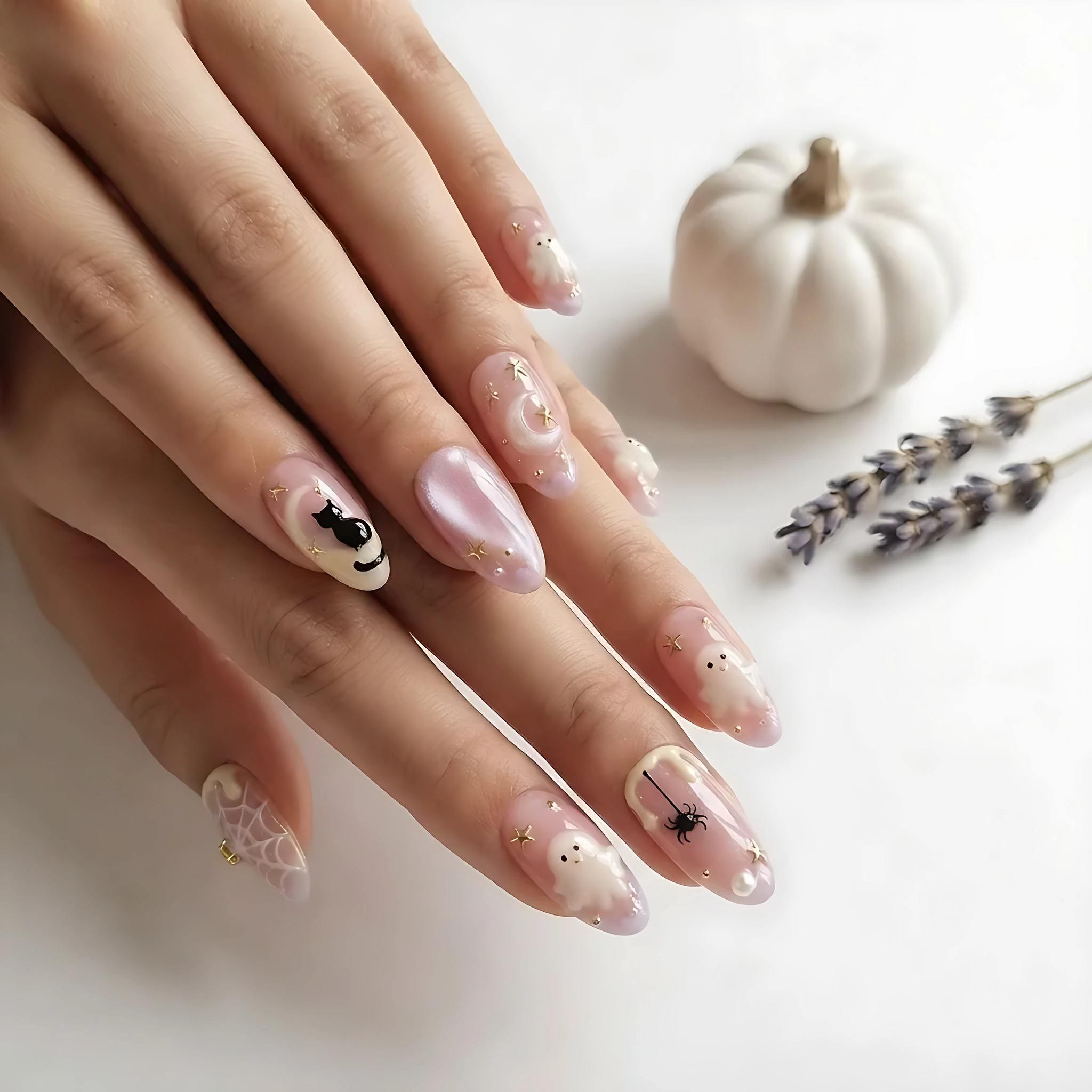 Pastel Pink 3D Ghost Spider Web Moon Nails, Kawaii Custom Press On Set, Halloween Gel Nails