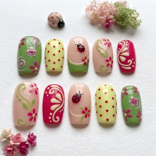 Colorful Hand Painted Floral Ladybug Art, Short Square Press On Nails, Everyday Wear And Garden Party Gift