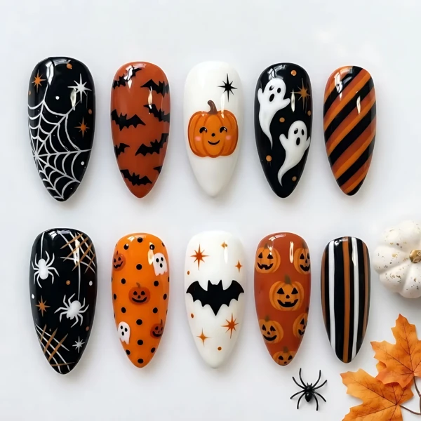 Black Orange White Hand Painted Pumpkin Ghost Bat Art, Halloween Press On Nails, Spooky Season Wear